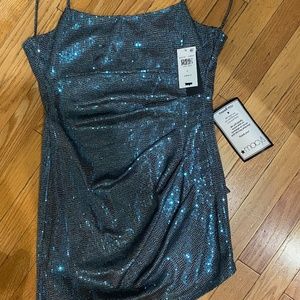 City Studio Turquoise Sequin/Metallic Spaghetti Strap Cowl-Back Metallic Dress